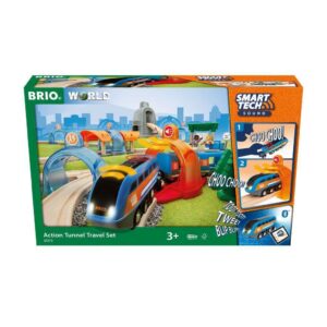 brio 33972 smart tech sound action tunnel travel set | wooden toy train set for kids age 3 and up