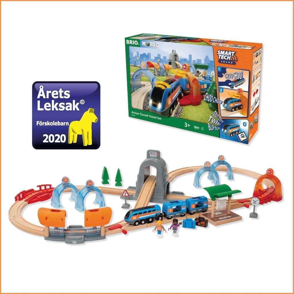 BRIO 33972 Smart Tech Sound Action Tunnel Travel Set | Wooden Toy Train Set for Kids Age 3 and Up