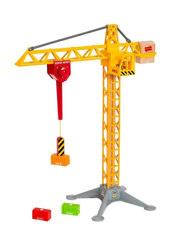 BRIO 33835 Construction Crane with Lights | Wooden Toy Train Set for Kids Age 3 and Up, Yellow