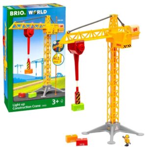 BRIO 33835 Construction Crane with Lights | Wooden Toy Train Set for Kids Age 3 and Up, Yellow