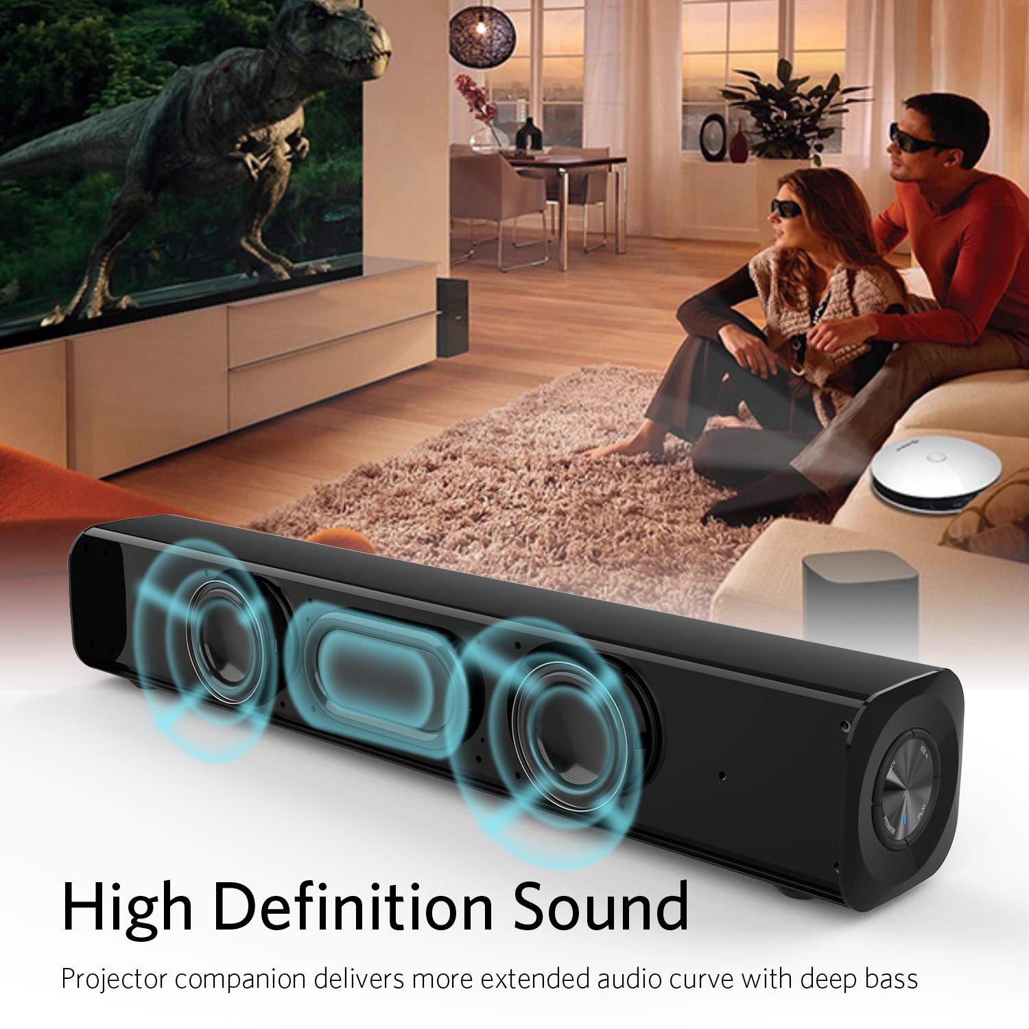 Fiodio Wireless Mini Sound Bar with Strong Bass, USB Battery Powered Projector Speakers for Desktop, Aux-in Wired Stereo Portable Speaker for PC, Gaming, Tablets and Cellphone