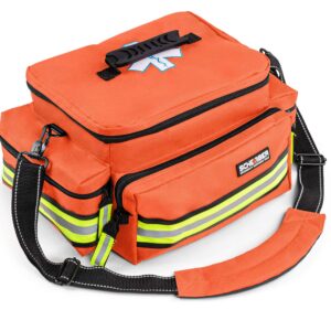 Scherber First Responder Fully-Stocked Professional Essentials EMT/EMS Trauma Kit | HSA/FSA Approved | Reflective Bag w/8 Zippered Pockets & Compartments & 200+ First Aid Supplies - Orange