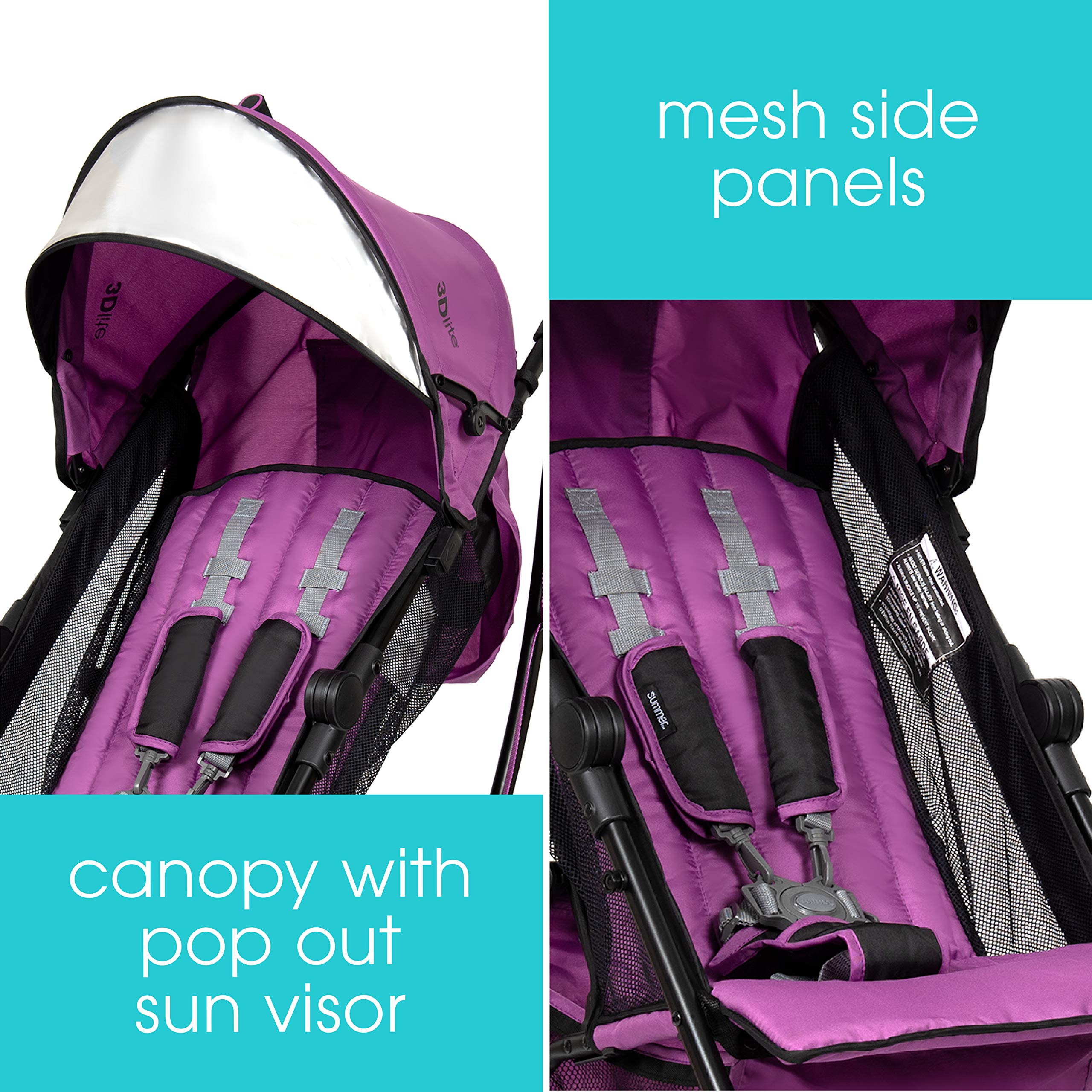 Summer 3Dlite Convenience Stroller, Orchid – Lightweight Stroller with Aluminum Frame, Large Seat Area, Mesh Siding, 4 Position Recline, Extra Large Storage Basket – Infant Stroller for Travel & More