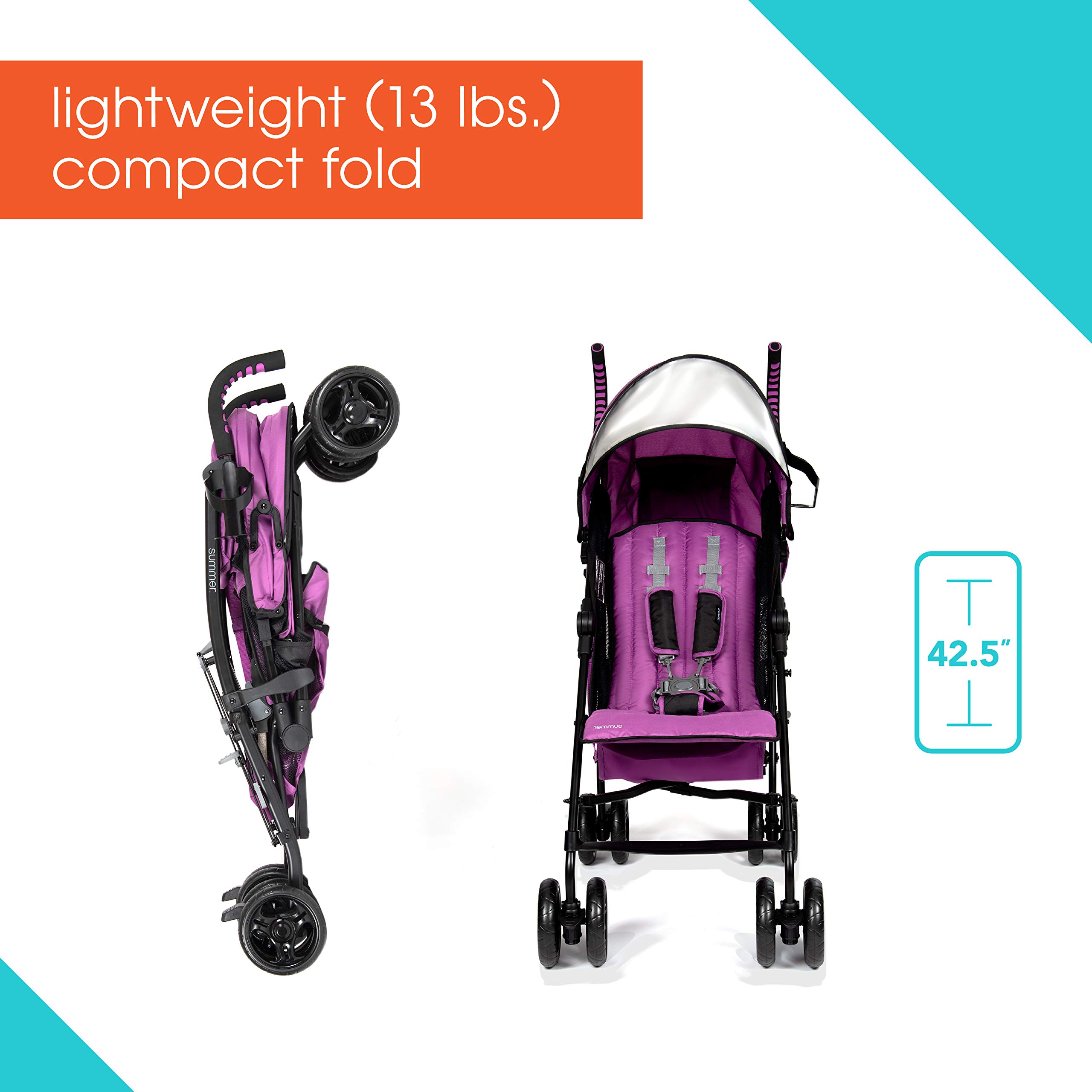 Summer 3Dlite Convenience Stroller, Orchid – Lightweight Stroller with Aluminum Frame, Large Seat Area, Mesh Siding, 4 Position Recline, Extra Large Storage Basket – Infant Stroller for Travel & More