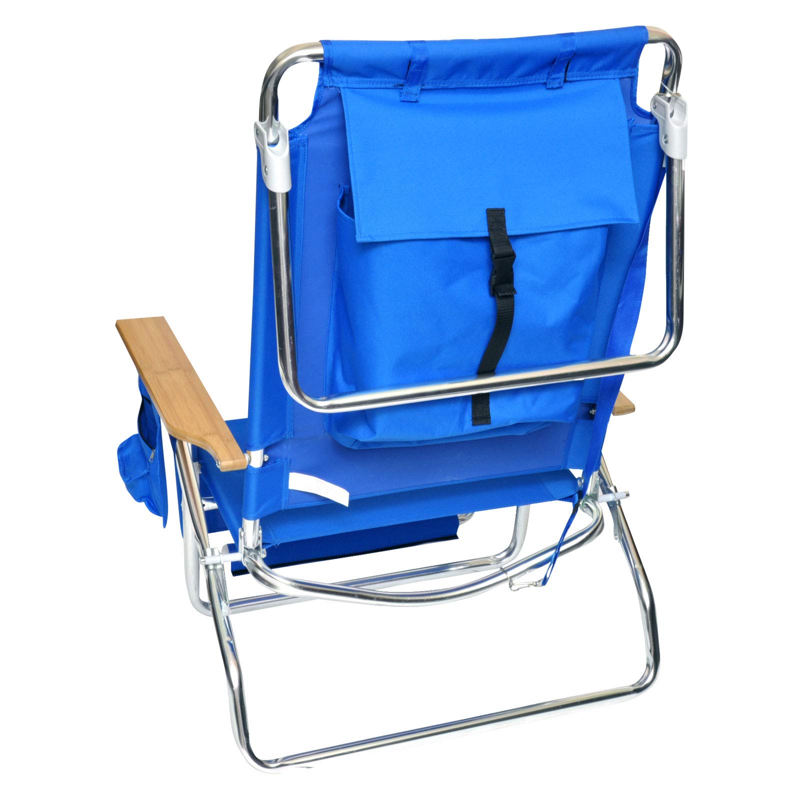 Deluxe 5 pos Lay Flat High Aluminum Beach Chair Lounge Chaise with Foot Rest, Large Storage, Waterproof Cell Pouch