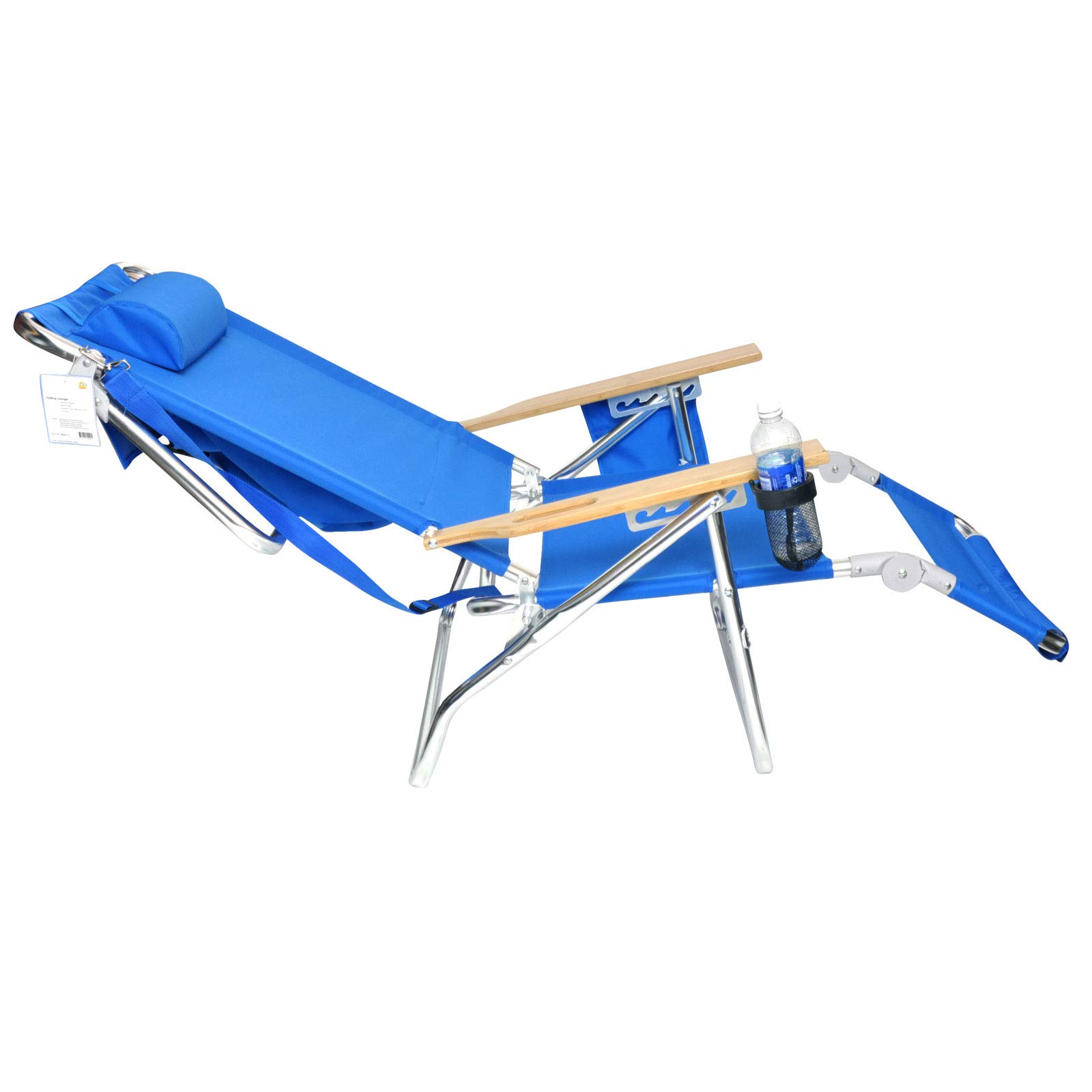 Deluxe 5 pos Lay Flat High Aluminum Beach Chair Lounge Chaise with Foot Rest, Large Storage, Waterproof Cell Pouch