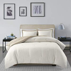 madison park essentials hayden comforter, yarn dyed stripe pattern, solid on the reverse modern all season down alternative bed set with matching sham, full/queen, tan 3 piece