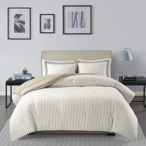 Madison Park Essentials Hayden Comforter, Yarn Dyed Stripe Pattern, Solid on The Reverse Modern All Season Down Alternative Bed Set with Matching Sham, Full/Queen, Tan 3 Piece