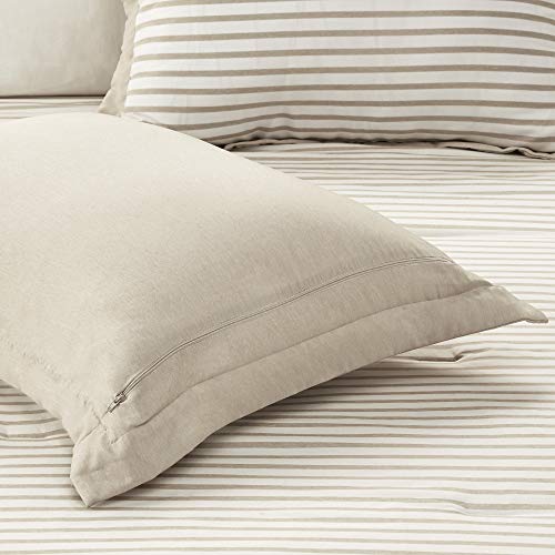 Madison Park Essentials Hayden Comforter, Yarn Dyed Stripe Pattern, Solid on The Reverse Modern All Season Down Alternative Bed Set with Matching Sham, Full/Queen, Tan 3 Piece