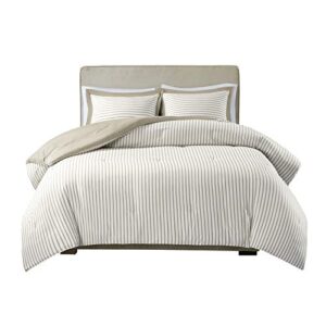 Madison Park Essentials Hayden Comforter, Yarn Dyed Stripe Pattern, Solid on The Reverse Modern All Season Down Alternative Bed Set with Matching Sham, Full/Queen, Tan 3 Piece