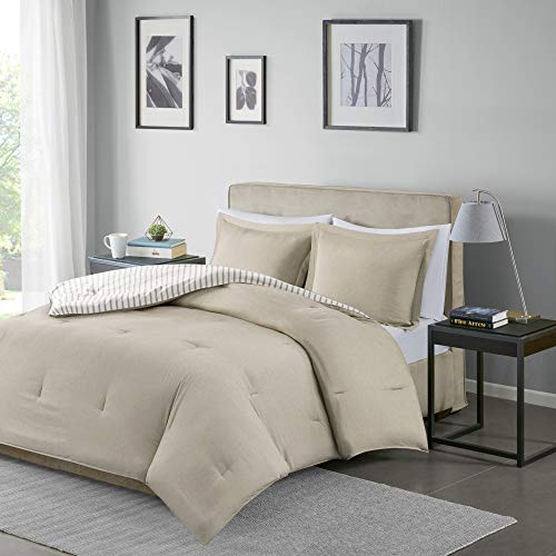 Madison Park Essentials Hayden Comforter, Yarn Dyed Stripe Pattern, Solid on The Reverse Modern All Season Down Alternative Bed Set with Matching Sham, Full/Queen, Tan 3 Piece