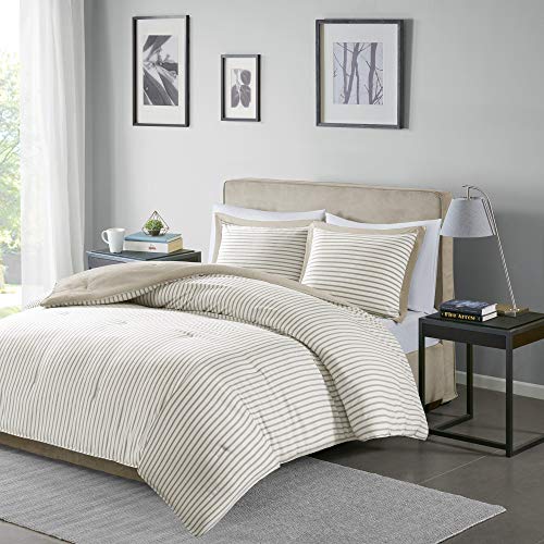 Madison Park Essentials Hayden Comforter, Yarn Dyed Stripe Pattern, Solid on The Reverse Modern All Season Down Alternative Bed Set with Matching Sham, Full/Queen, Tan 3 Piece