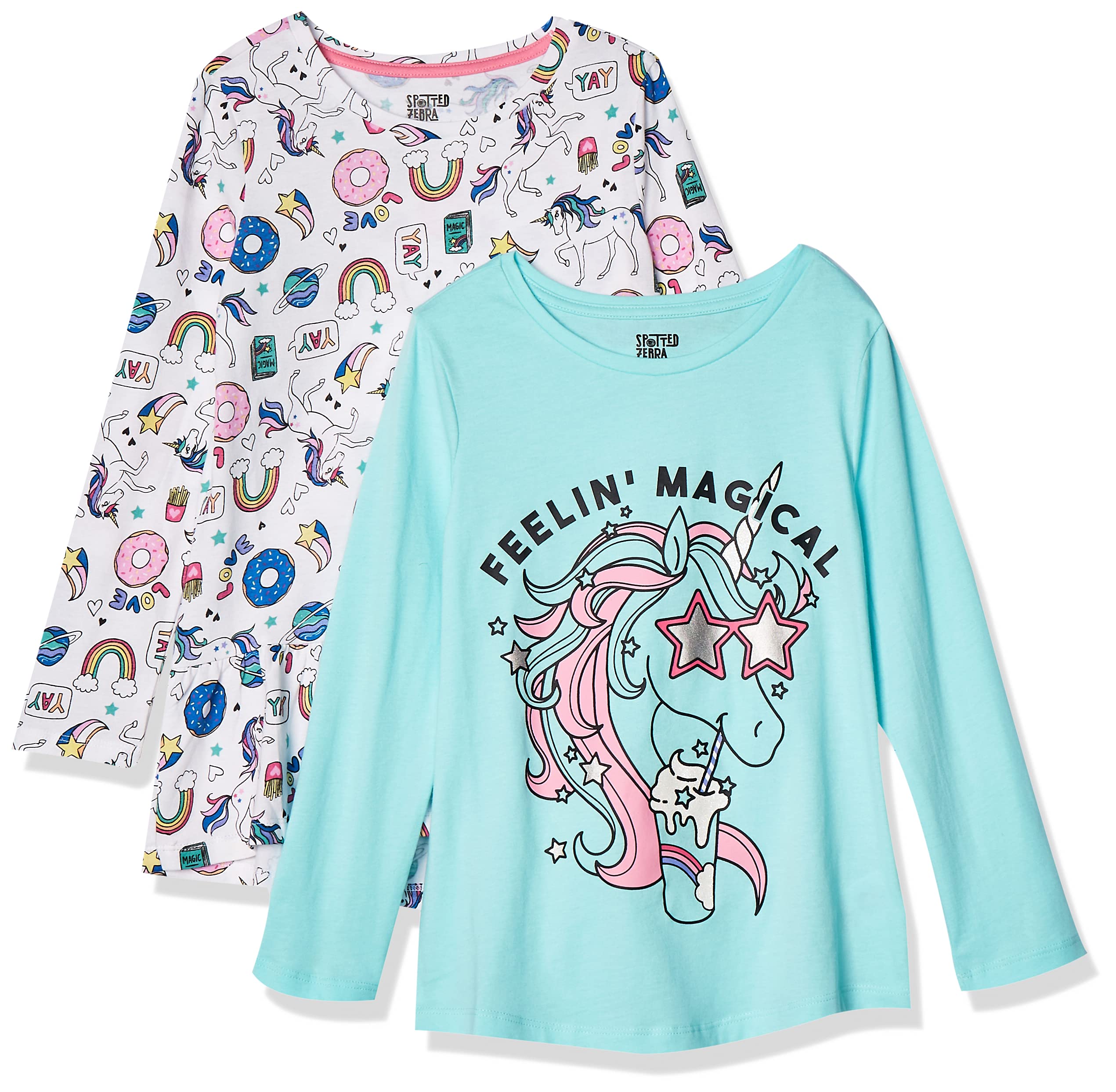 Amazon Essentials Toddler Girls' Long-Sleeve Tunic T-Shirts (Previously Spotted Zebra), Pack of 2, White Doodles/Unicorn, 2T