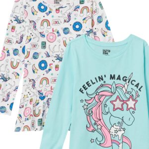 Amazon Essentials Toddler Girls' Long-Sleeve Tunic T-Shirts (Previously Spotted Zebra), Pack of 2, White Doodles/Unicorn, 2T