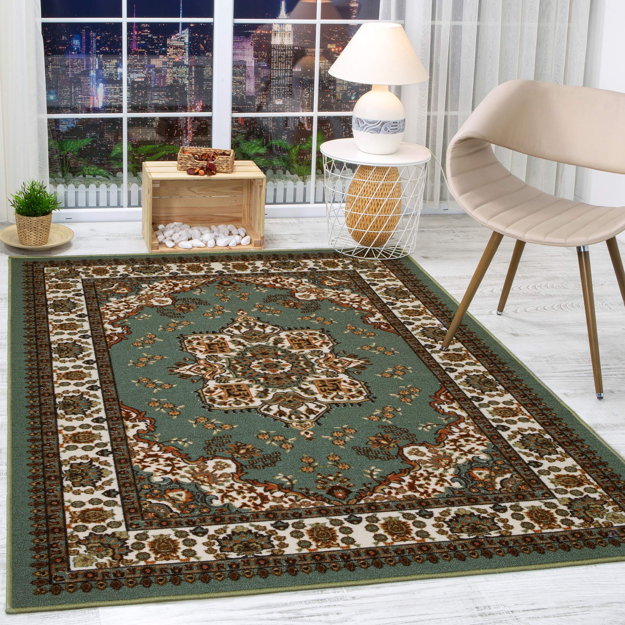 Antep Rugs Alfombras Oriental Traditional 3x5 Non-Skid (Non-Slip) Low Profile Pile Rubber Backing Indoor Area Rugs (Green, 3' x 5')