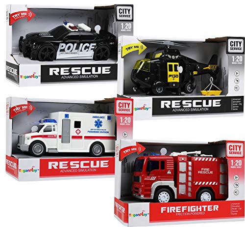 TeganPlay Emergency Vehicles Toy Set [4 Pack] | Ambulance, Fire Engine Truck, Rescue Helicopter, Police Car Toys for Boys | Friction Powered with Realistic Lights and Sounds