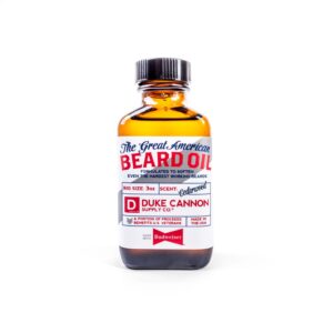 duke cannon great american beard oil with budweiser - 3oz.|natural conditioning w/apricot kernel oils|infused w/real budweiser beer protein|warm cedarwood scent for a rugged, yet refined beard