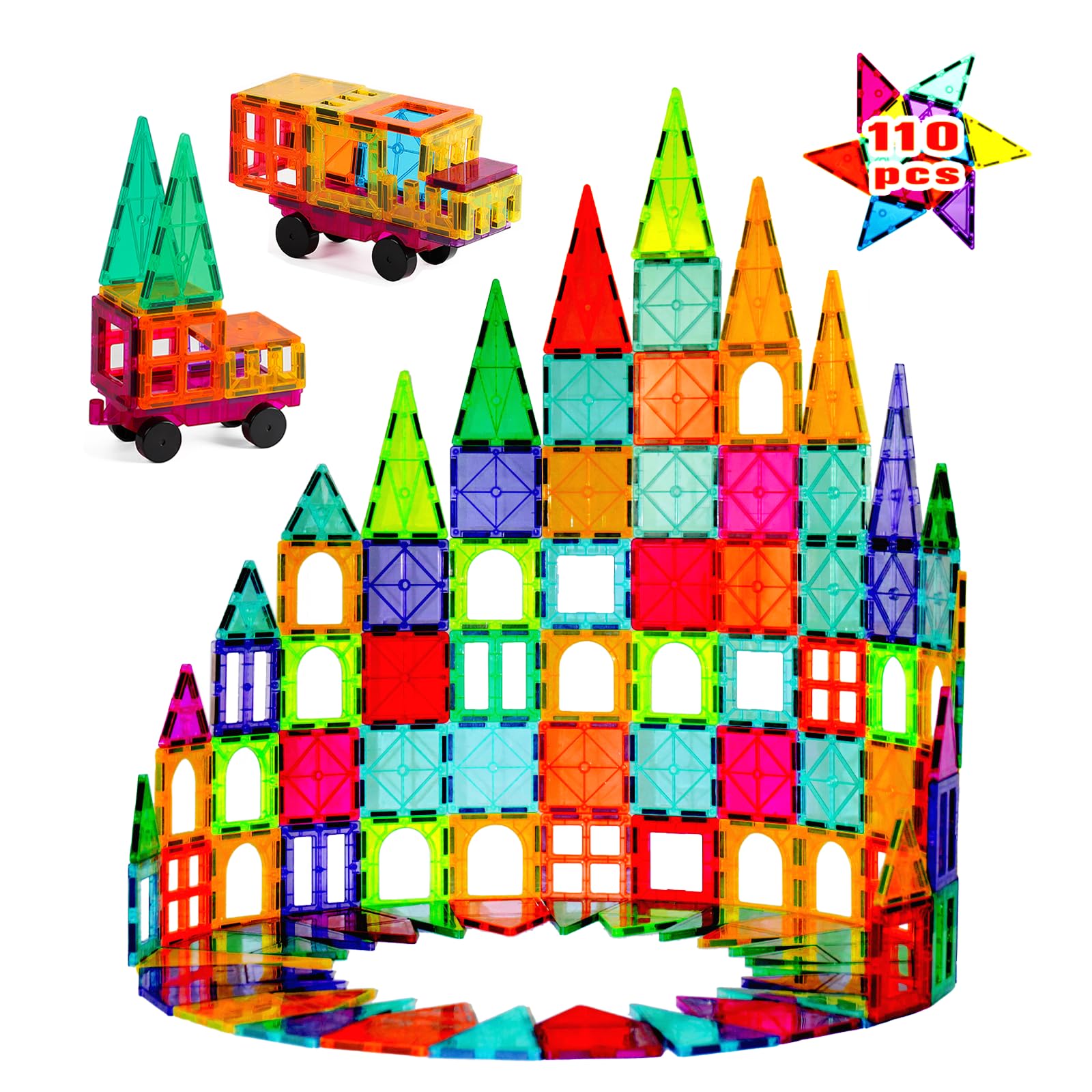 NEOFORMERS Magnetic Tiles Toy with 2 Cars 110 Pcs 3D Magnet Building Blocks Set for Kids STEM Educational Preschool Magnet Toys for Toddlers Boys Girls 3-8 Year Old