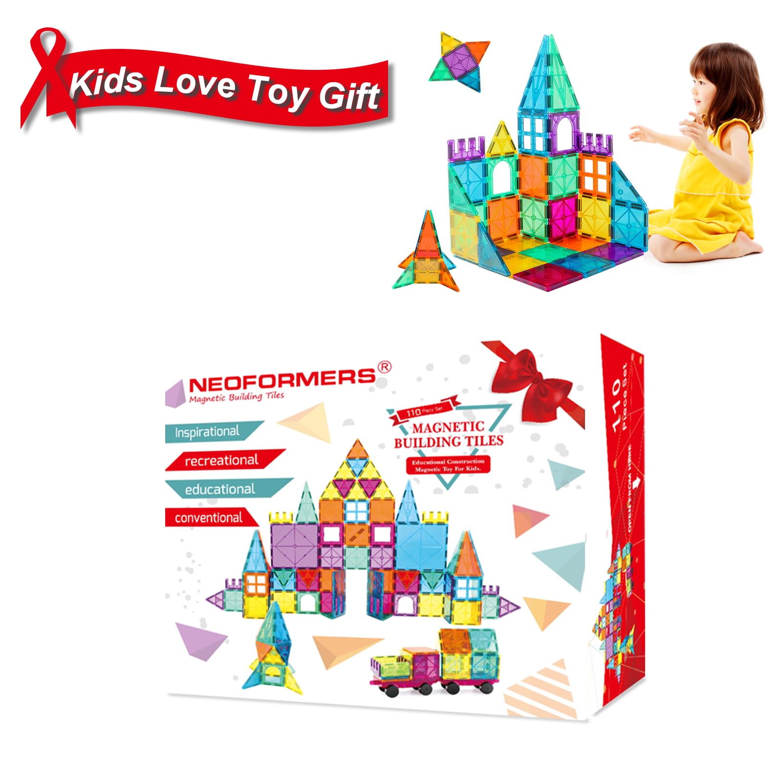 NEOFORMERS Magnetic Tiles Toy with 2 Cars 110 Pcs 3D Magnet Building Blocks Set for Kids STEM Educational Preschool Magnet Toys for Toddlers Boys Girls 3-8 Year Old