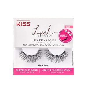 kiss lash couture luxtensions collection false eyelashes, flat lash technology, real lash extension fibers, reusable, contact lens friendly strip lashes, style 'black swan', 1 pair