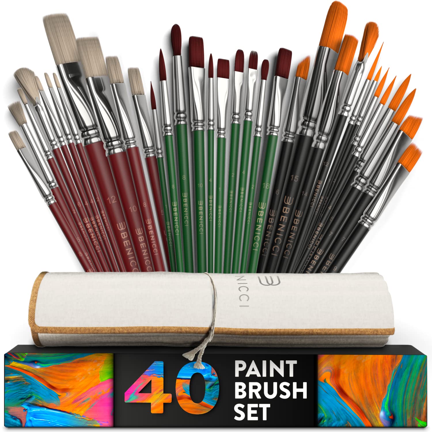 40 Pieces Professional Artist Paint Brush Set with Storage Case - Includes Round and Flat Art Brushes with Hog, Pony, Nylon Hair Bristles - Perfect for Acrylics, Watercolor, Gouache, Oil and Fabric