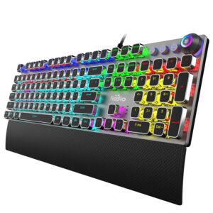 fiodio mechanical gaming keyboard, led rainbow gaming backlit, 104 anti-ghosting keys, quick-response black switches, multimedia control for pc and desktop computer, with removable hand rest