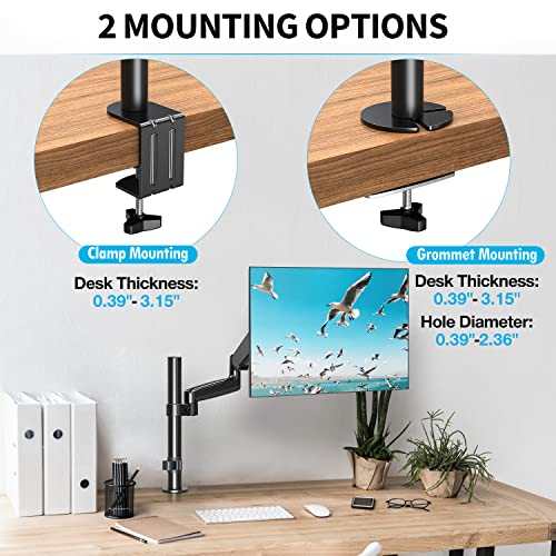 MOUNTUP Monitor Desk Mount, Monitor Stand for Desk Fits 17 to 32 Inch Screen, Tall Monitor Arm Gas Spring Computer Monitor Stand, Full Motion Height Adjustable VESA Mount with C Clamp & Grommet Base