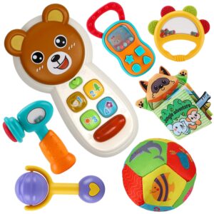 earsam 6 to 12 months baby phone toy rattles musical set, infants cell phone toy & babies rattles teethers set and animals newborn soft cloth book, baby toys early educational and sensory learning