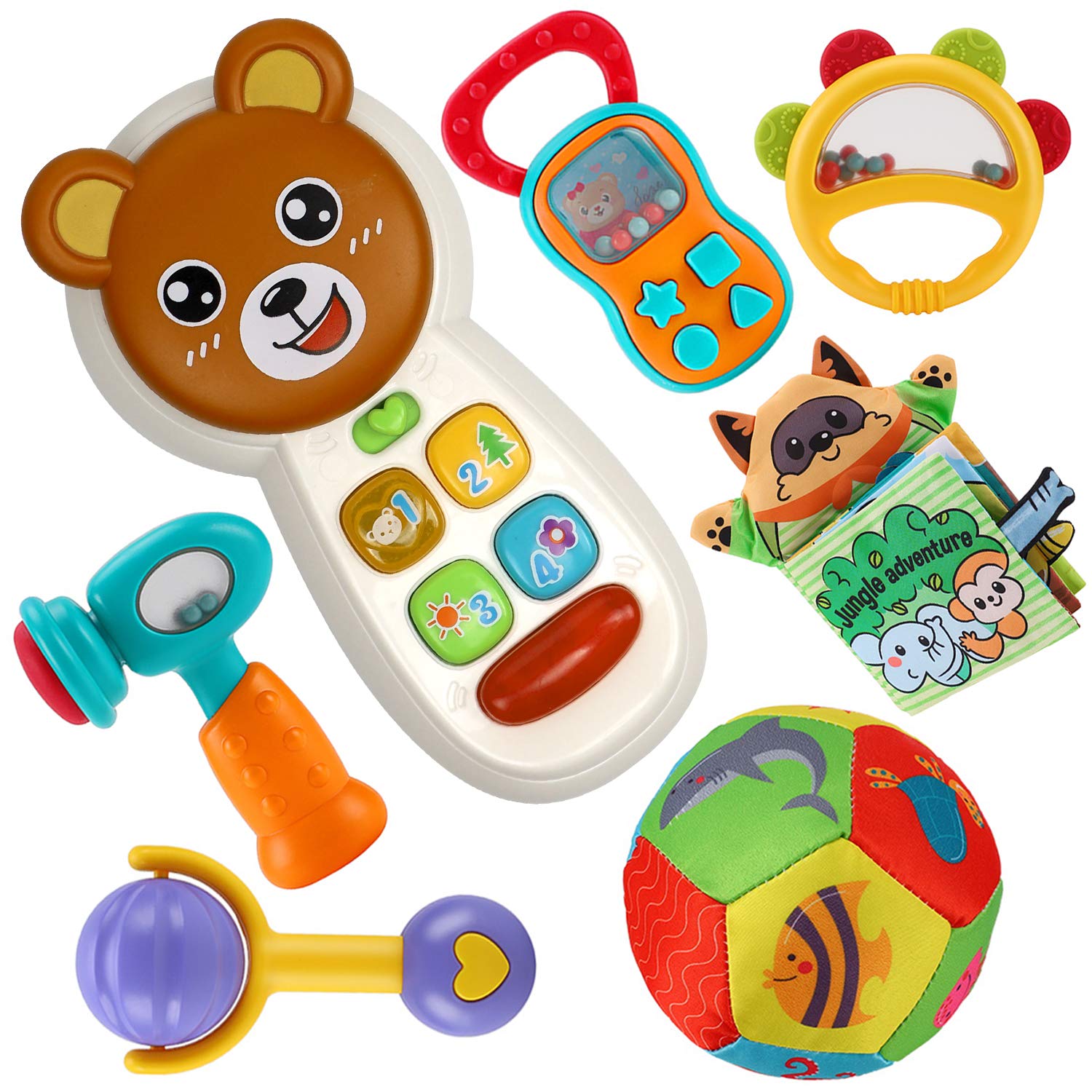 Earsam 6 to 12 Months Baby Phone Toy Rattles Musical Set, Infants Cell Phone Toy & Babies Rattles Teethers Set and Animals Newborn Soft Cloth Book, Baby Toys Early Educational and Sensory Learning