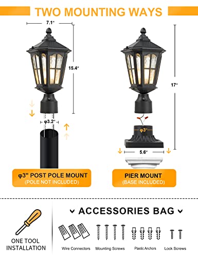 GYDZ Post Light Outdoor with 3-Inch Pier Mount Base, 17''H Exterior Post Light Fixture,Waterproof IP65 Classic Die Cast Aluminum with Water Ripple Glass, E26 Base 60W Max,Matte Black