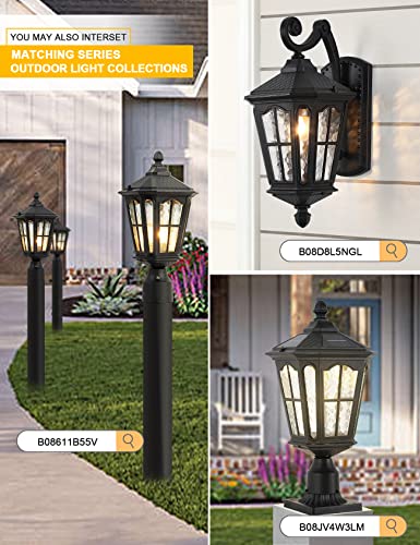 GYDZ Post Light Outdoor with 3-Inch Pier Mount Base, 17''H Exterior Post Light Fixture,Waterproof IP65 Classic Die Cast Aluminum with Water Ripple Glass, E26 Base 60W Max,Matte Black