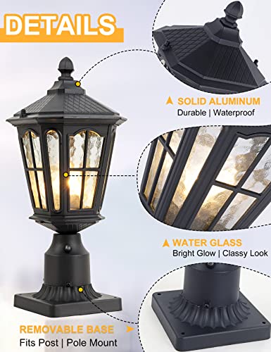 GYDZ Post Light Outdoor with 3-Inch Pier Mount Base, 17''H Exterior Post Light Fixture,Waterproof IP65 Classic Die Cast Aluminum with Water Ripple Glass, E26 Base 60W Max,Matte Black