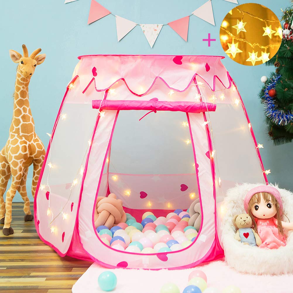 Crayline Pop Up Princess Tent with Star Light, Toys for 1 2 3 Year Old Girl Birthday Gift, Ball Pit for 12-18 Months Toddler Girl Toys, Easy to Pop Up and Assemble(Pink)