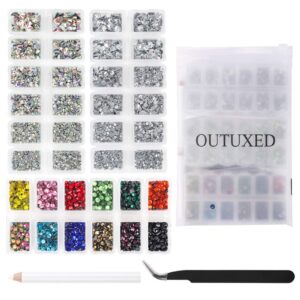 OUTUXED 7632pcs Hotfix Rhinestones for Craft Flatback Round Crystal Glass Gems Set with Clear Crystal and Clear AB 6 Sizes, 12 Mixed Color 3-4mm for DIY Craft