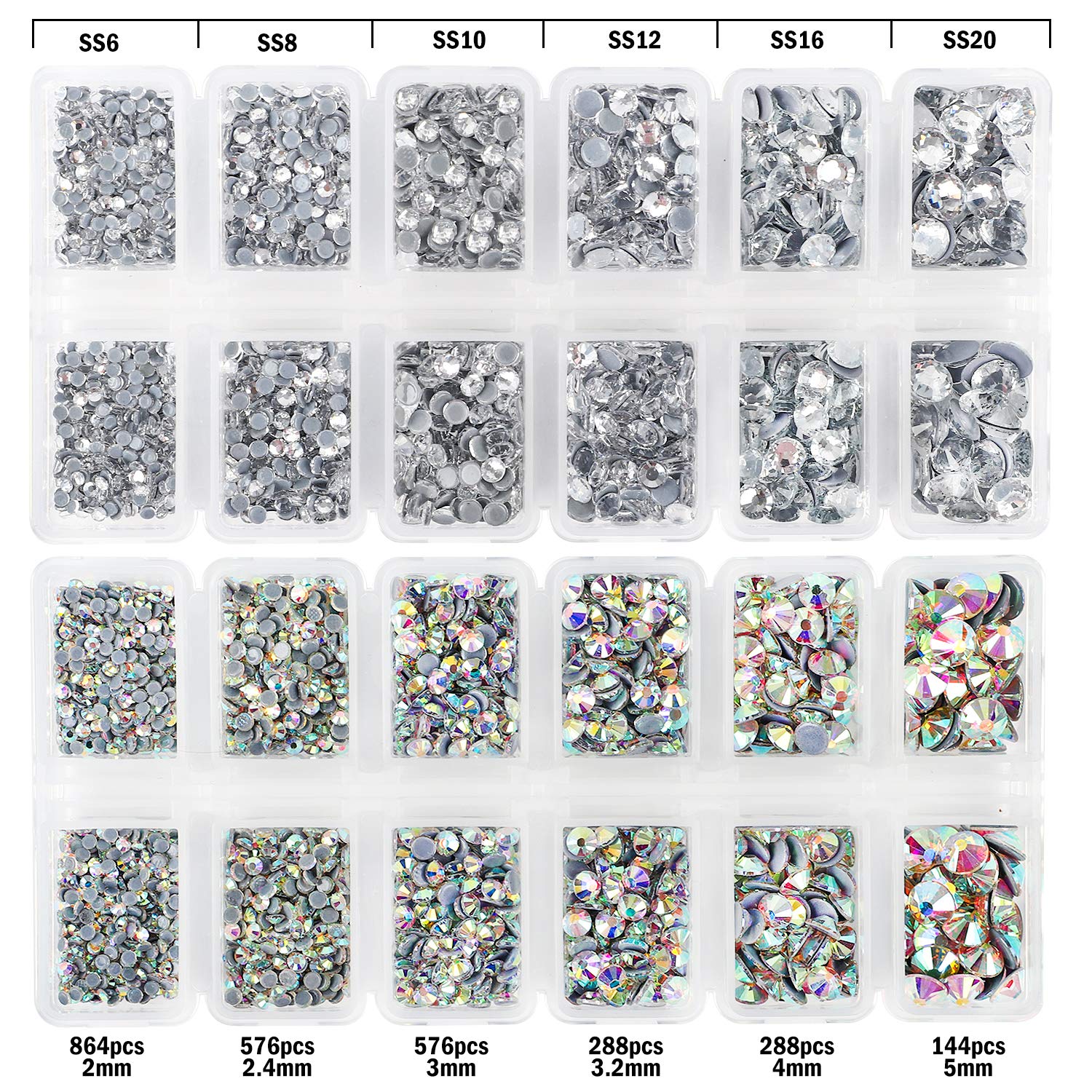 OUTUXED 7632pcs Hotfix Rhinestones for Craft Flatback Round Crystal Glass Gems Set with Clear Crystal and Clear AB 6 Sizes, 12 Mixed Color 3-4mm for DIY Craft