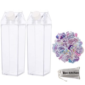 bac-kitchen 2 pack milk carton water bottle - clear square milk bottles bpa free portable water bottle with 23 pcs stickers for outdoor sports travel camping activities