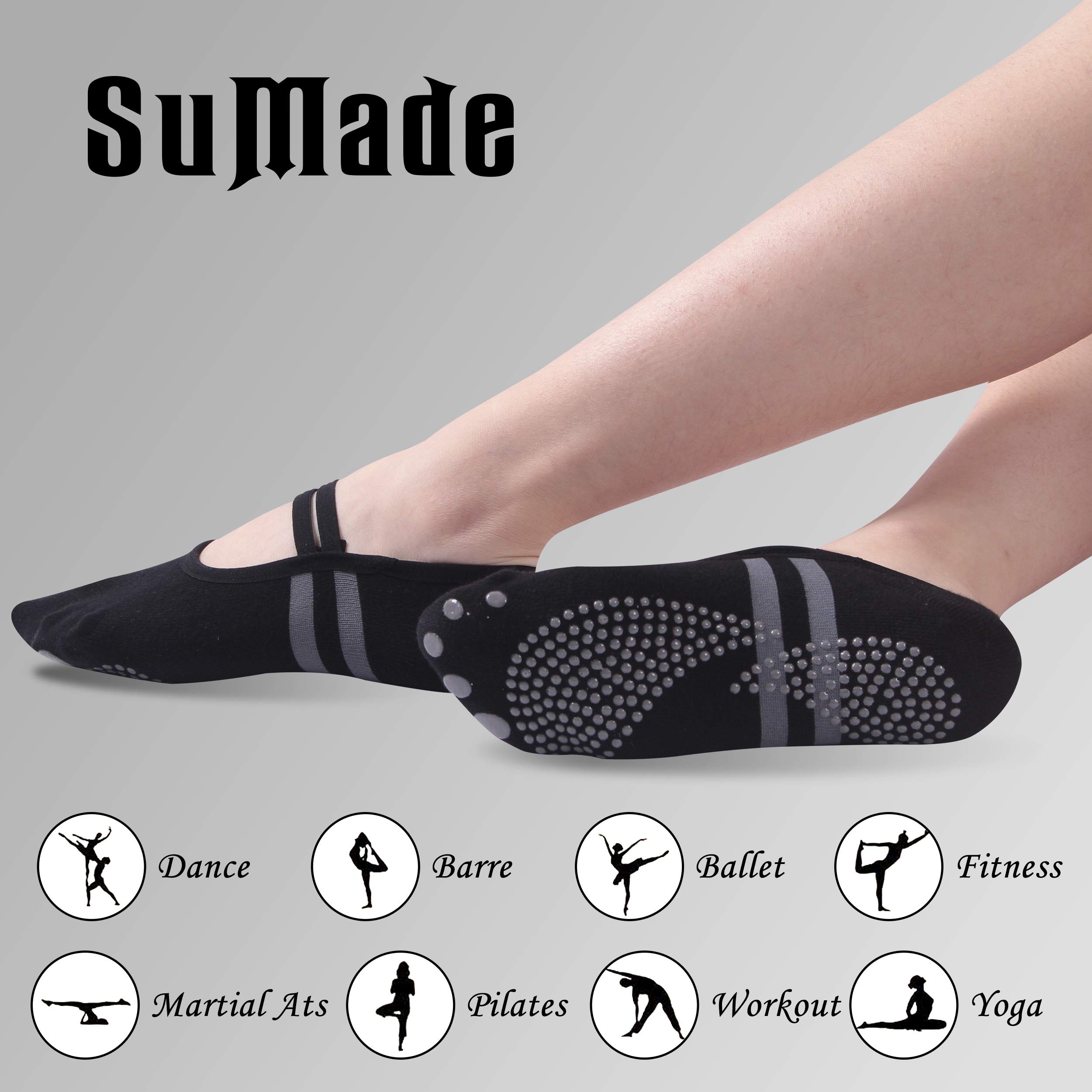 SuMade Non Skid Socks with Straps,Yoga Barre Socks for Women with Silicone Bikram Fitness Socks Gift Exercise Dance Sock 3 Pairs Black