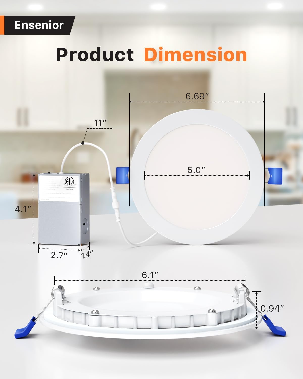 Ensenior 4 Pack 6 Inch Ultra-Thin LED Recessed Ceiling Light with Junction Box, 5000K Daylight, 12W 110W Eqv, Dimmable Can-Killer Downlight, 1050LM High Brightness - ETL and Energy Star Certified