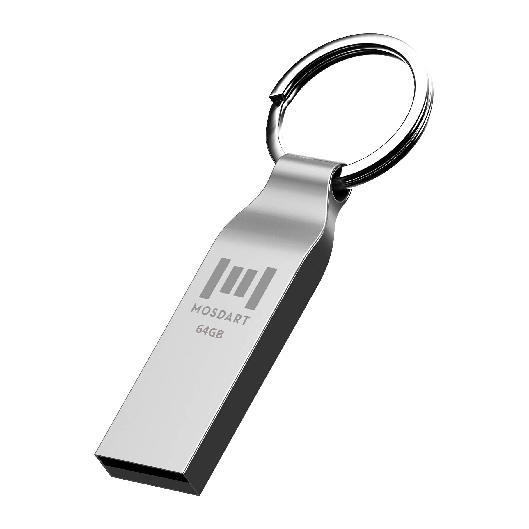 MOSDART 64GB Waterproof Metal USB 2.0 Flash Drive - Keychain Thumb Drive Memory Stick Jump Drive Data Storage for Computers - exFAT, Shockproof and Dustproof (Silver)