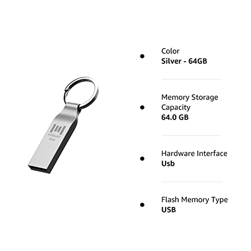 MOSDART 64GB Waterproof Metal USB 2.0 Flash Drive - Keychain Thumb Drive Memory Stick Jump Drive Data Storage for Computers - exFAT, Shockproof and Dustproof (Silver)