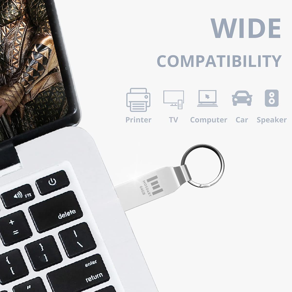 MOSDART 64GB Waterproof Metal USB 2.0 Flash Drive - Keychain Thumb Drive Memory Stick Jump Drive Data Storage for Computers - exFAT, Shockproof and Dustproof (Silver)