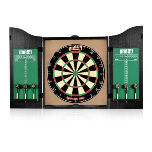 one80 all-in-one dartgame center with self-healing sisal dartboard & multifunctional cabinet. 12 steeltip darts and mounting kit included (paper dartboard cabinet set)