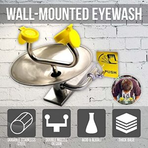 JJ CARE Yellow Eye Wash Station - Continuous Flow Dual Spray Heads Eye Wash Units - Hands-Free Emergency Eyewash Station - Wall Mount Stainless Steel Eye Washing Irrigation - Portable Eye Washer