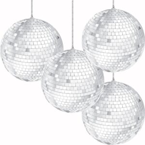 the dreidel company mirror disco ball 4" inch 4-pack, silver hanging ball with attached string for ring, reflects light, fun party home bands decorations, party favor (4-pack)