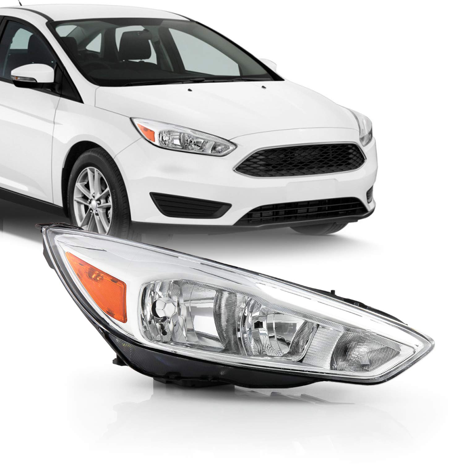 AKKON - Fits 2015 2016 2017 2018 Ford Focus Halogen Type Chrome Headlight w/LED DRL Tube Passenger Right Side Replacement