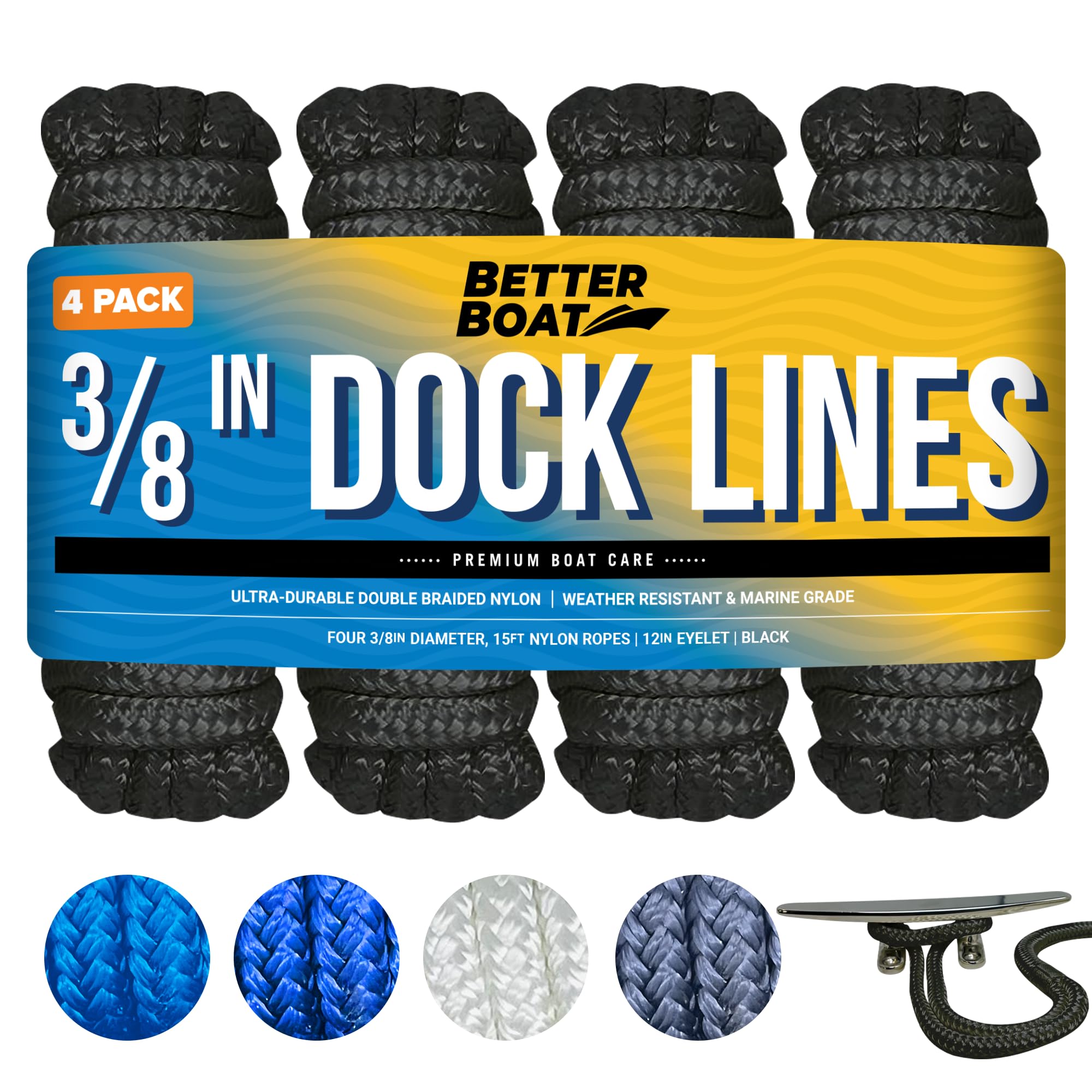 Dock Lines Boat Ropes for Docking 3/8" Line Double Braided Mooring Marine Rope 15FT Nylon Rope Boat Dock Line for Docking Ropes for Boats with Loop Boating Rope Braided 15' Feet Ties Black 4 Pack