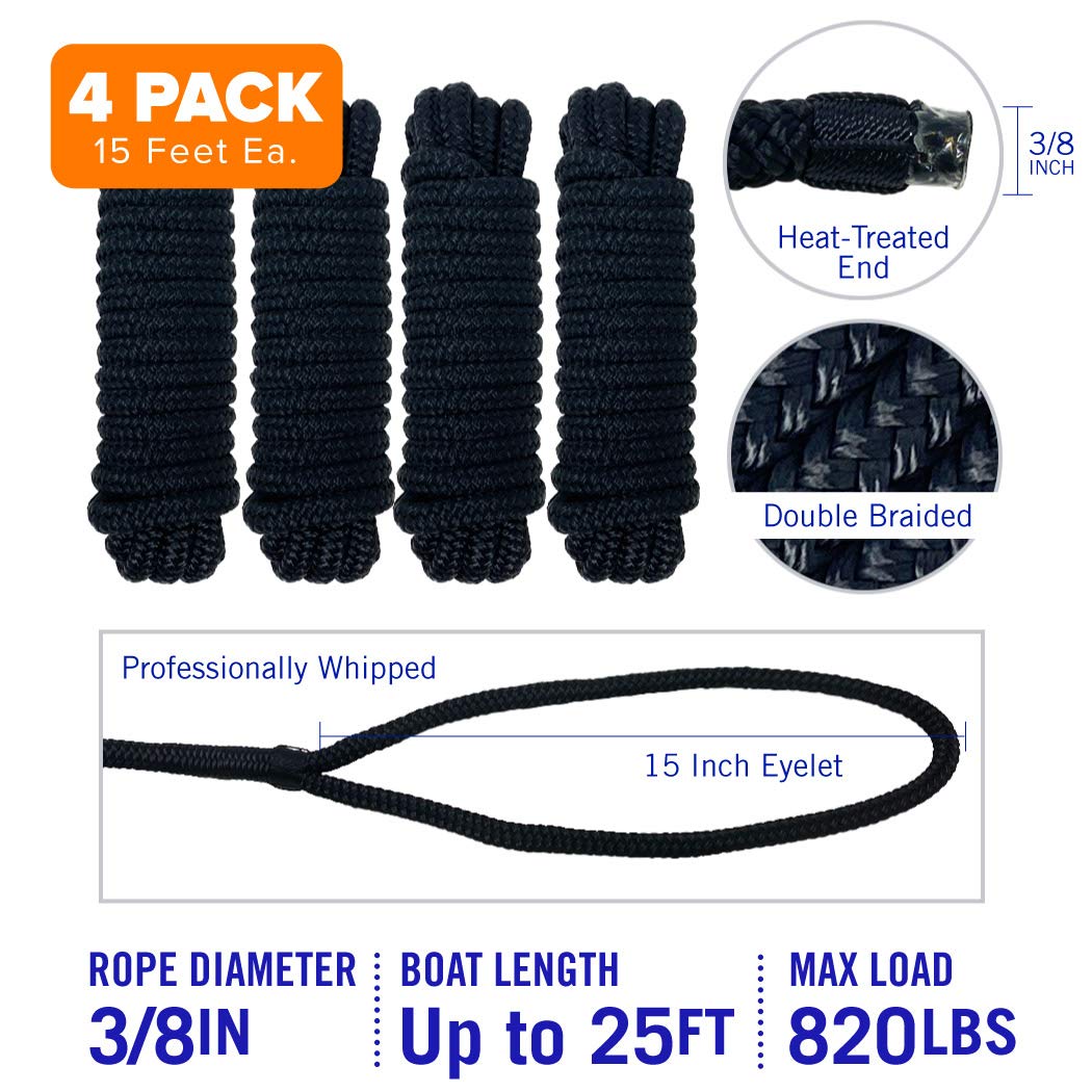 Dock Lines Boat Ropes for Docking 3/8" Line Double Braided Mooring Marine Rope 15FT Nylon Rope Boat Dock Line for Docking Ropes for Boats with Loop Boating Rope Braided 15' Feet Ties Black 4 Pack