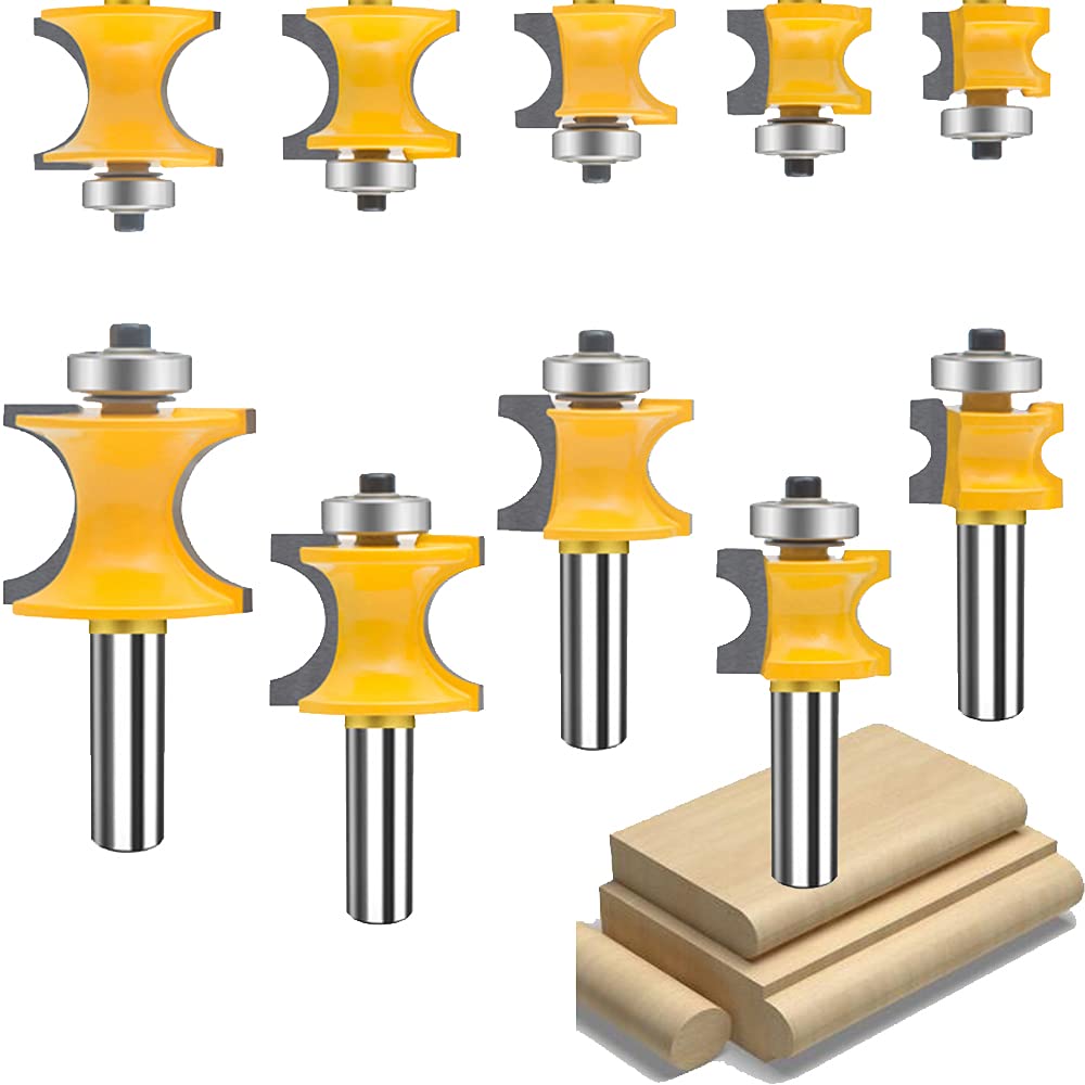 TAIWAIN 5PCS Router Bit Set 1/2 Inch Shank Woodworking Cutter, Half Round Bearing Bullnose Milling Cutter Bits, Carbide Tipped Round Edge Cutting Ball Blade Radius 1/8" 3/16" 1/4" 5/16" 3/8" (E-S04)