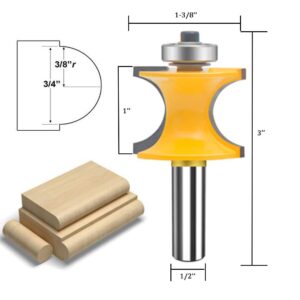 TAIWAIN 5PCS Router Bit Set 1/2 Inch Shank Woodworking Cutter, Half Round Bearing Bullnose Milling Cutter Bits, Carbide Tipped Round Edge Cutting Ball Blade Radius 1/8" 3/16" 1/4" 5/16" 3/8" (E-S04)