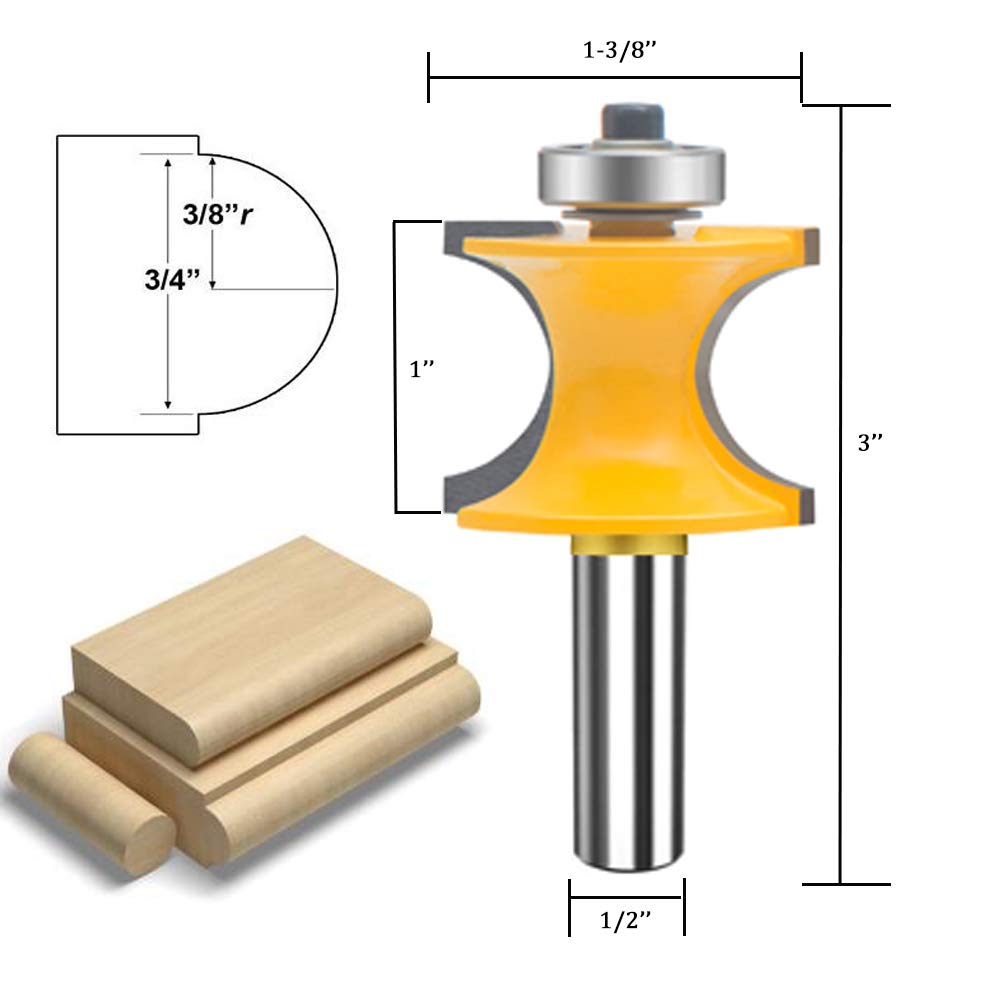 TAIWAIN 5PCS Router Bit Set 1/2 Inch Shank Woodworking Cutter, Half Round Bearing Bullnose Milling Cutter Bits, Carbide Tipped Round Edge Cutting Ball Blade Radius 1/8" 3/16" 1/4" 5/16" 3/8" (E-S04)